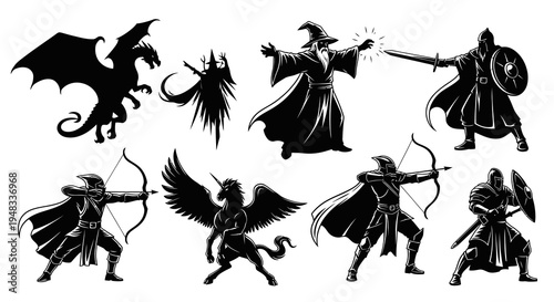 Black  White Fantasy Vector Icons: Dragon, Knight, Wizard, Archer, Pegasus