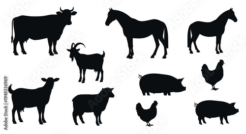 Farm Animals Silhouettes - Cow, Horse, Pig, Goat, Sheep, Chicken Vector