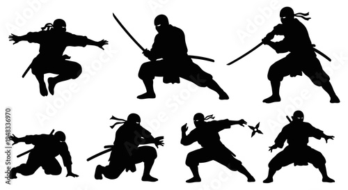 Ninja Silhouettes: Action Poses with Swords and Shurikens, Vector Art