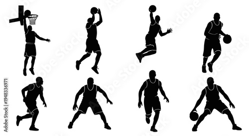 Basketball Player Silhouettes: Action Poses, Sports Vector Art, Black  White