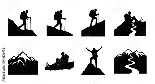 Black  White Silhouette Icons of Hikers on Mountains, Vector Art