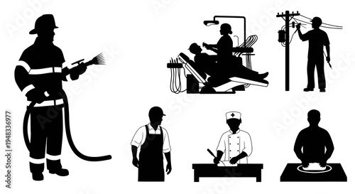 Black Silhouette Icons of Professions: Firefighter, Dentist, Electrician, Chef, Butcher