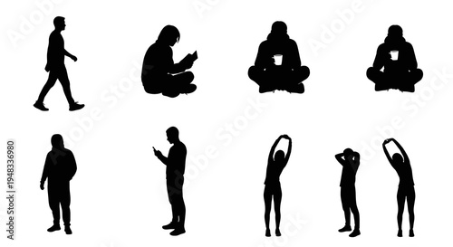 Black Silhouette of People Exercising, Reading, and Walking