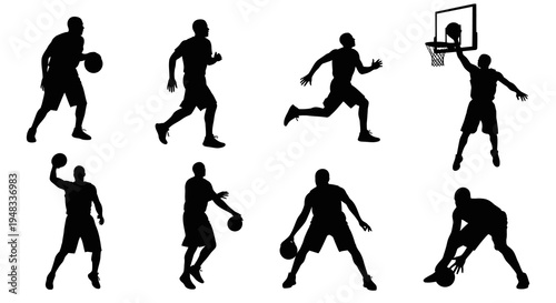 Black and White Silhouette Basketball Player Silhouettes, Sport Vector