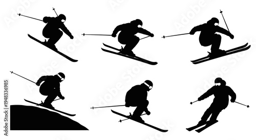 Black and White Silhouette Skiers in Action, Winter Sports Theme