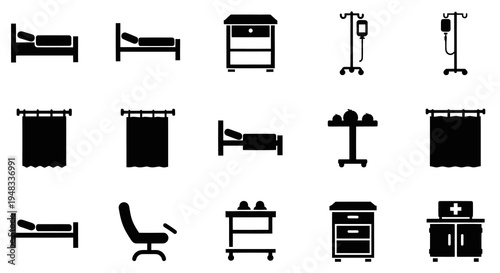 Medical Hospital Room Icons Set: Beds, Nightstands, IV Drip, Chair, Curtains