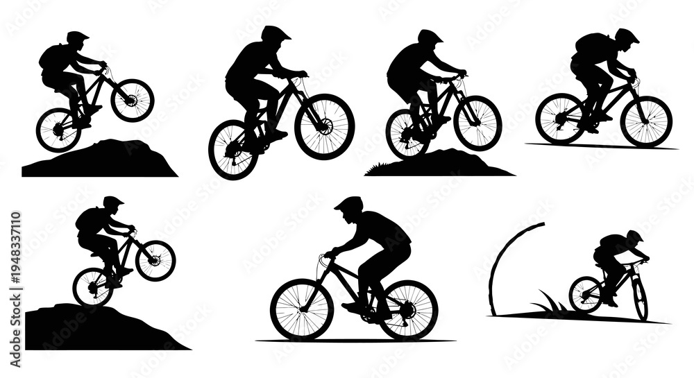 Obraz premium Silhouette Mountain Bikers Performing Tricks on Rough Terrain - Vector Art