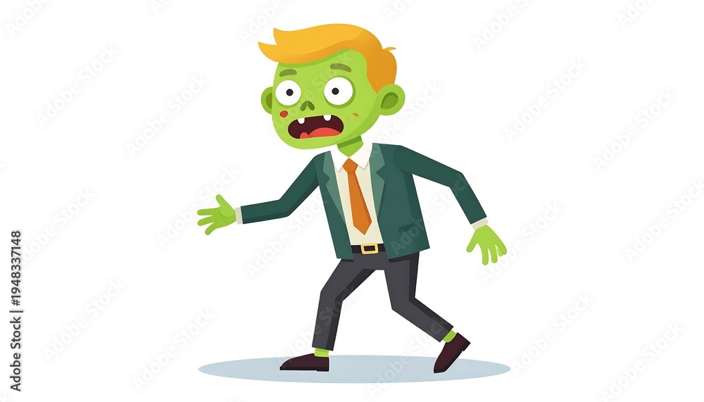 Obraz premium Cartoon green zombie in business attire, walking, eyes wide with fear, on a white backdrop