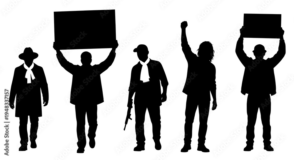 Fototapeta premium Silhouette of protestors with signs and rifle, protest concept, black and white