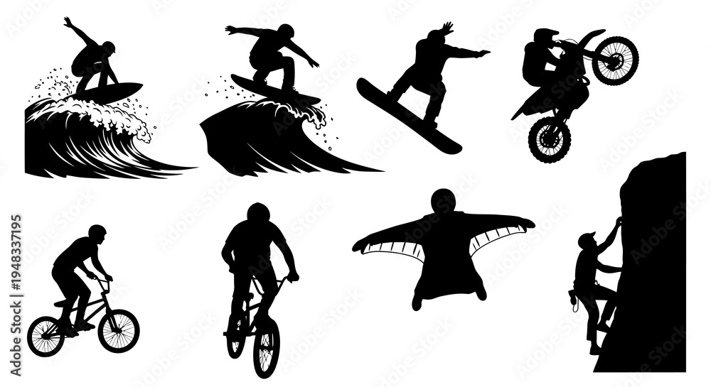 Naklejka premium Black and White Silhouettes of Extreme Sports Athletes and Activities