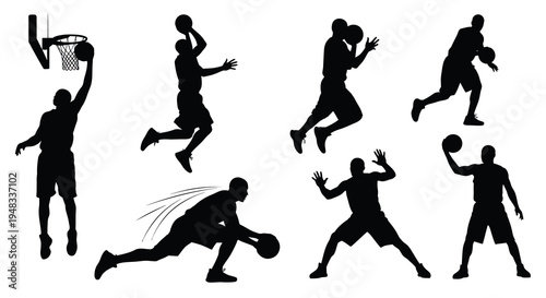 Basketball Player Silhouettes: Action Poses, Sports Vector Art