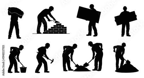 Construction workers silhouettes, bricklaying, carrying loads, shoveling cement