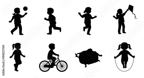 Children playing, silhouettes of kids jumping rope, cycling, kite, ball, running
