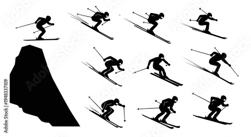 Black Silhouette Skiers on White Background, Dynamic Poses, Vector Art