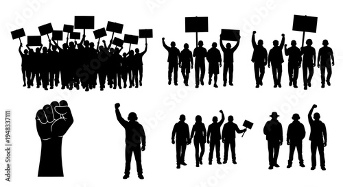 Black Silhouette Protestors with Signs and Raised Fists Vector Art