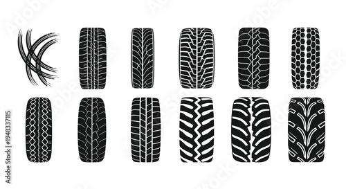 Black and White Tire Treads Vector Icons on White Background