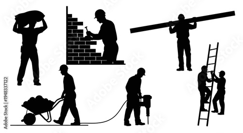Construction workers silhouettes, men building, carrying, drilling, on ladder