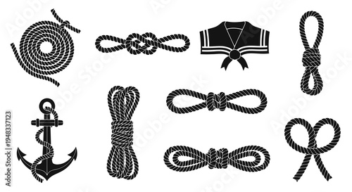 Nautical Rope Knots, Anchor, Sailor Collar,  Coiled Rope Black Icons