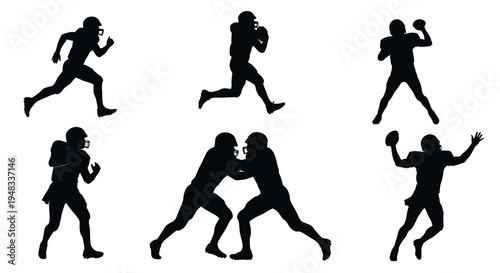 Black Silhouette American Football Players Posing Sports Vector Art