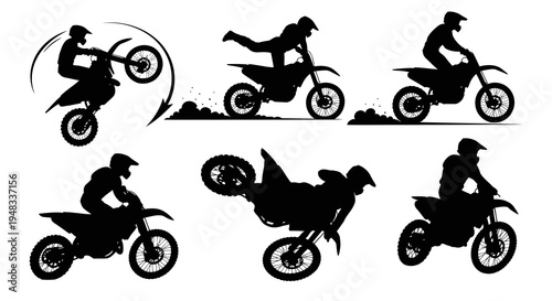 Silhouette motocross riders performing stunts, black and white vector art