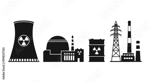 Black and white vector illustration of nuclear power plant icons on white background