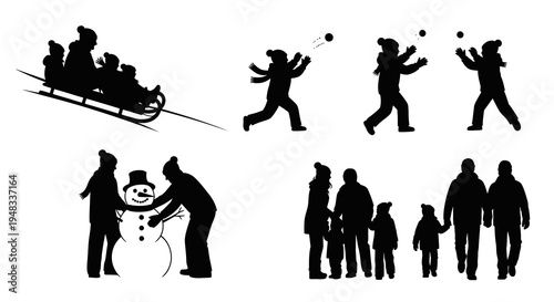 Black and White Silhouette of People Enjoying Winter Activities