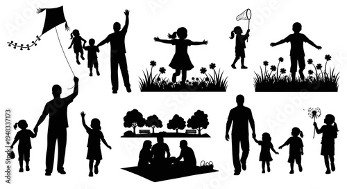 Black Silhouette Family and Children Playing Outdoors with Kite and Butterfly Net
