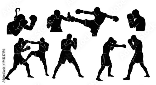 Black  White Silhouette Boxing and Martial Arts Poses Icon Set