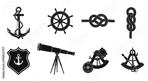Nautical Icons: Anchor, Wheel, Rope Knots, Telescope, Sextant, Shield - Black  White