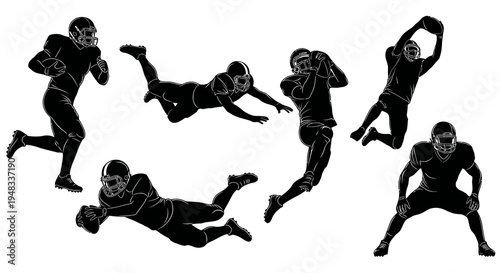 Black and white American football players in action, vector illustration