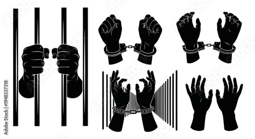 Black and White Vector Art: Hands in Handcuffs and Prison Bars