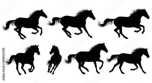 Black Silhouette Horses Running, Galloping, Trotting, Vector Art