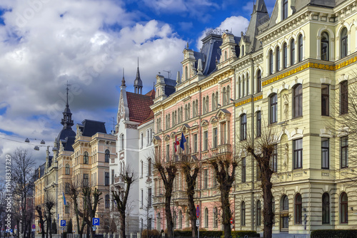 General view of beautiful houses and historic architecture on Elizabetes street in Riga, Latvia. Art Nouveau district
