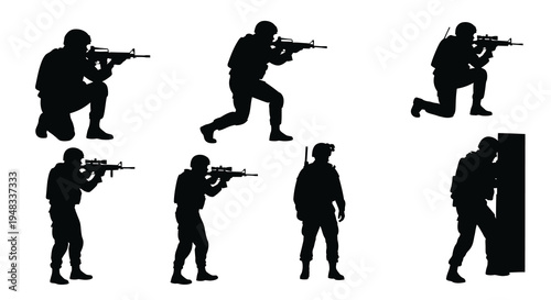 Military Soldiers Silhouettes Set, Combat Action Poses, Black  White Vector Art