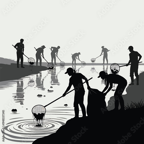 Dedicated community volunteers actively clean a polluted river, working together to remove waste and restore ecological balance for a healthier environment