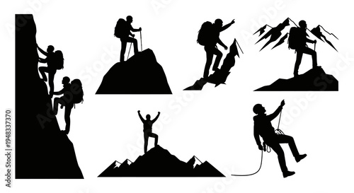 Black  White Silhouettes of Climbers Ascending Mountains