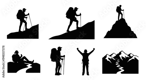 Silhouette Hikers and Mountains Set, Black  White Vector Art