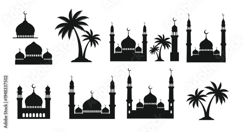 Islamic Mosques and Palm Trees Silhouettes Vector Set