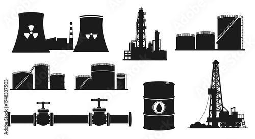 Industrial Set Icons: Nuclear, Oil, Gas, and Drilling Equipment