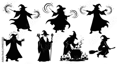 Black Silhouette Wizards and Witches with Magic Wands and Broomstick