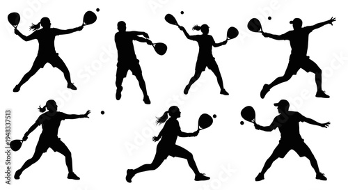 Black  White Silhouettes of People Playing Tennis, Sports Vector Art