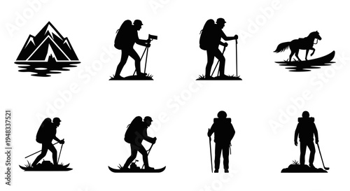 Silhouette of hikers and mountain, vector set