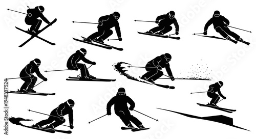 Black  White Skiing Silhouettes, Sports  Recreation