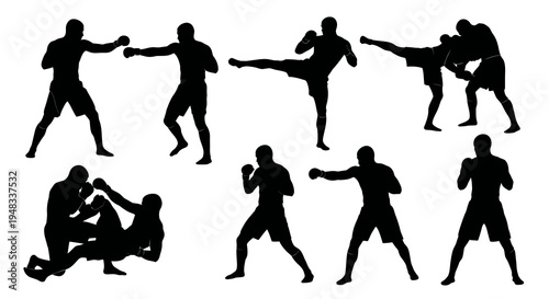 Boxing Silhouettes: Diverse Fight Poses for Sports  Fitness Vector Art