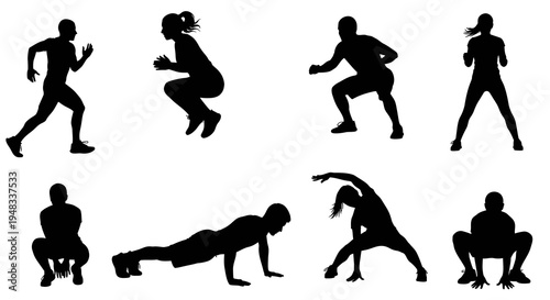 Fitness Silhouettes: Diverse Exercises in Black and White Flat Style