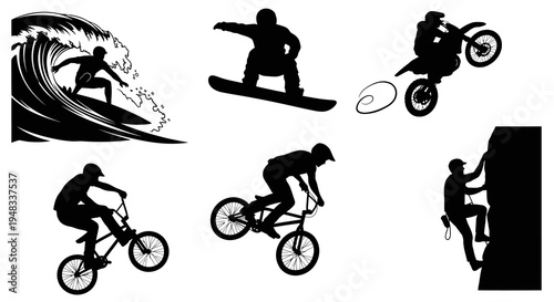 Black  White Silhouettes: Extreme Sports - Surfing, Snowboarding, BMX, Motorcross, Rock Climbing