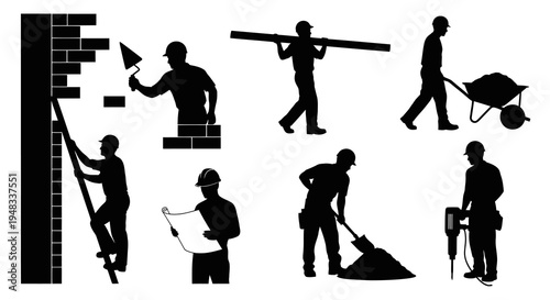 Construction Workers Silhouettes - Building, Digging, Moving Materials