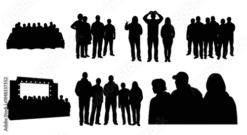 Silhouettes of people in audience and on stage, event, performance, crowd