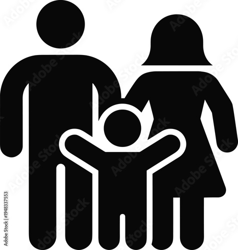 Black and white family icon symbolizing unity, support, and togetherness with parents and child, perfect for social services, community, parenting, and family-related design projects.