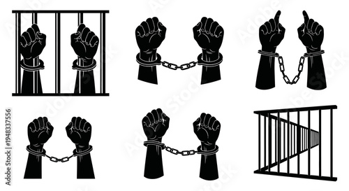 Black and White Vector Icons of Cuffed Hands and Prison Bars